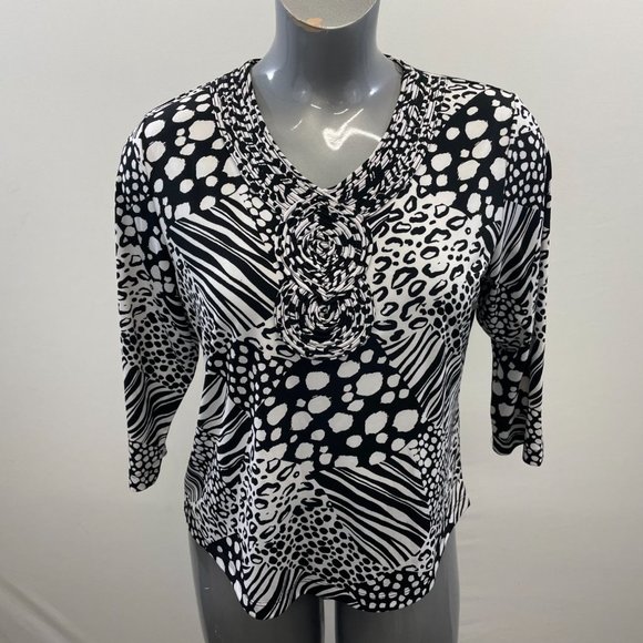 Alia Petite Women's V Neck Top Size PM Black White Patterned Polyester Blend - Picture 2 of 4